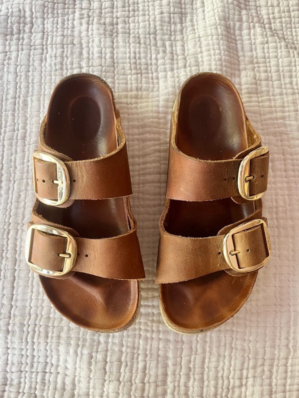 Birkenstock Tan Brown Large Gold Buckle Arizona Leather Sandals 37 - Picture 2 of 10